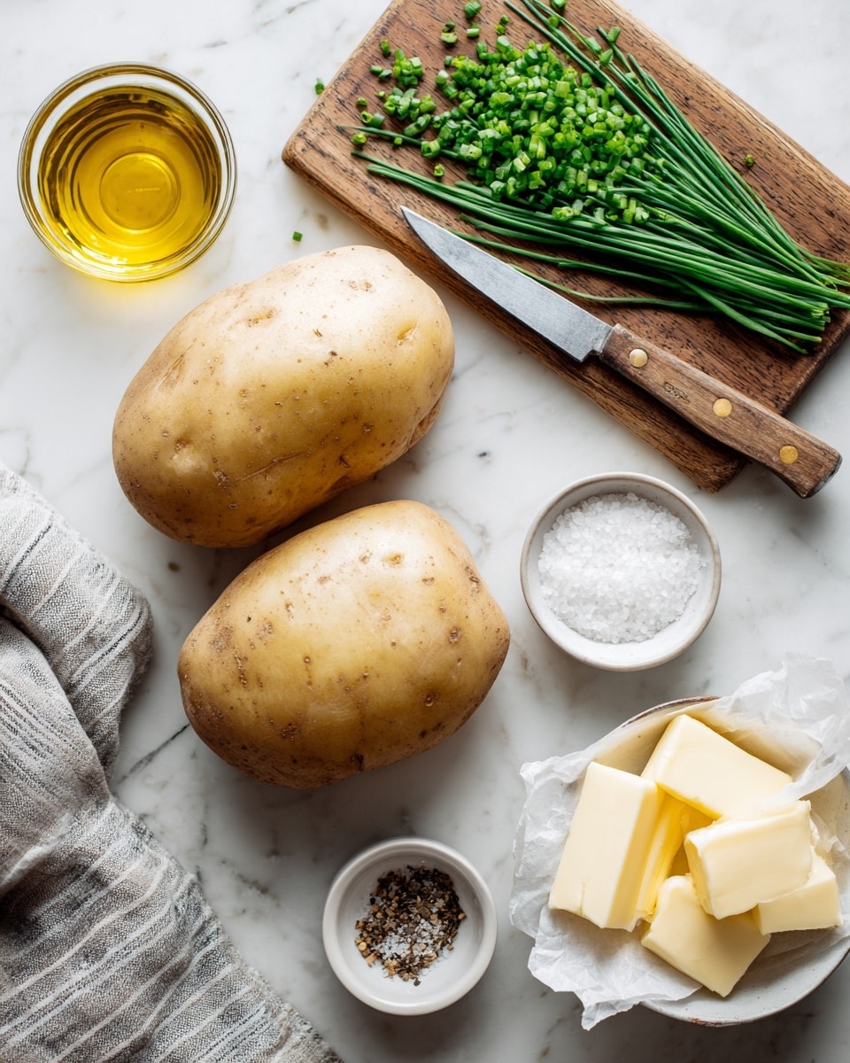 The image shows two large, light brown potatoes with smooth skin placed on a white marbled surface. Above the potatoes, there is a wooden cutting board holding freshly chopped green chives next to a knife with a wooden handle. To the left of the potatoes, there is a glass container filled with golden yellow oil. To the right, there are two small white bowls, one with coarse salt and the other with crushed black pepper. In the bottom right corner, there are several slices of pale yellow butter resting on white paper. A gray and white striped cloth is partially visible in the lower left corner. Photo taken with an iphone --ar 4:5 --v 7