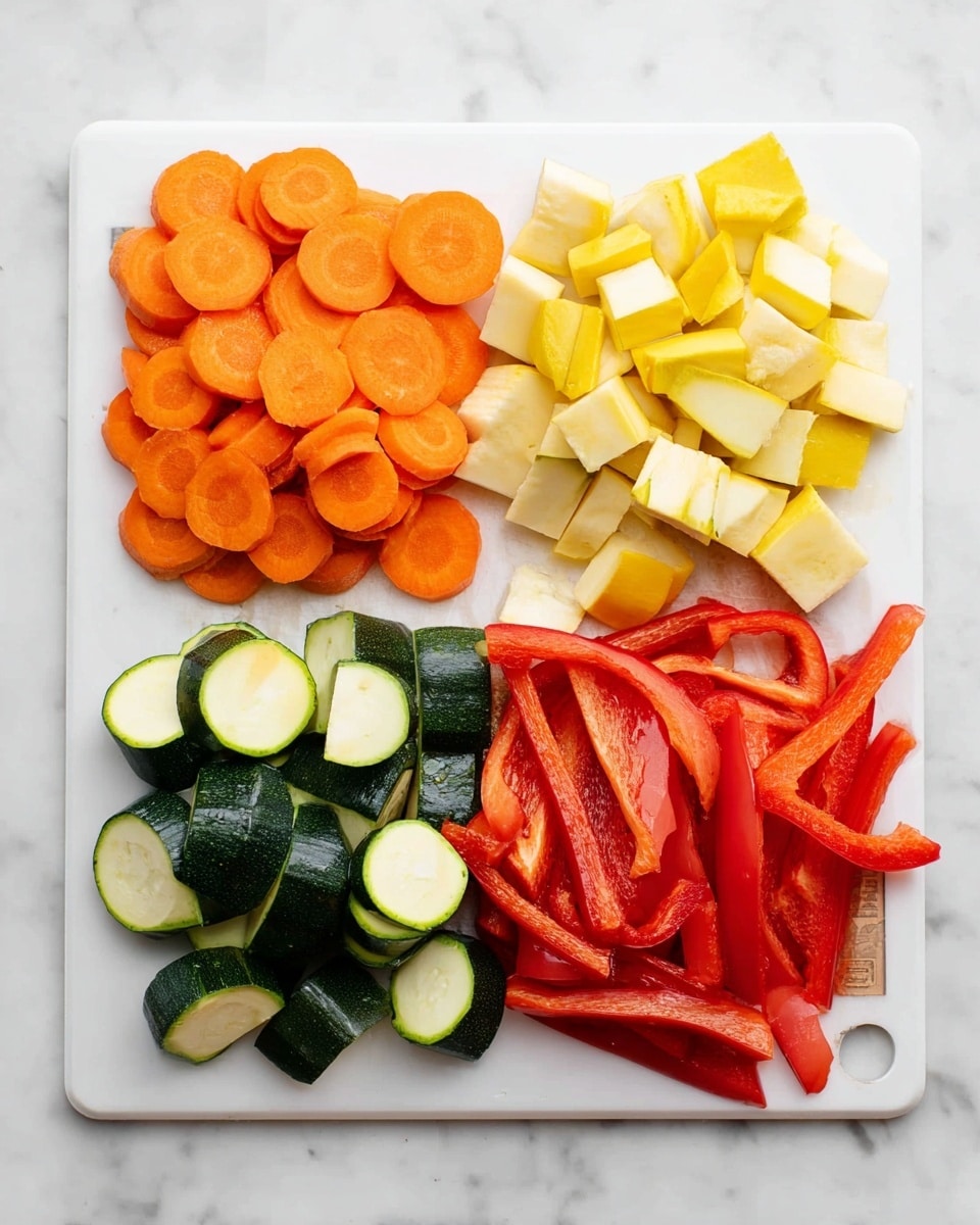 A white cutting board on a white marbled surface holds four piles of cut vegetables arranged in a neat square pattern. At the top left, there are round orange carrot slices stacked, showing smooth, flat surfaces. On the top right, yellow squash pieces are cut into small wedges and cubes with soft edges. The bottom left shows dark green zucchini sliced into half-moons and thick rounds, glossy with visible seeds. At the bottom right, red bell pepper strips with shiny, slightly wrinkled skin are stacked loosely, exposing the lighter inside skin. photo taken with an iphone --ar 4:5 --v 7