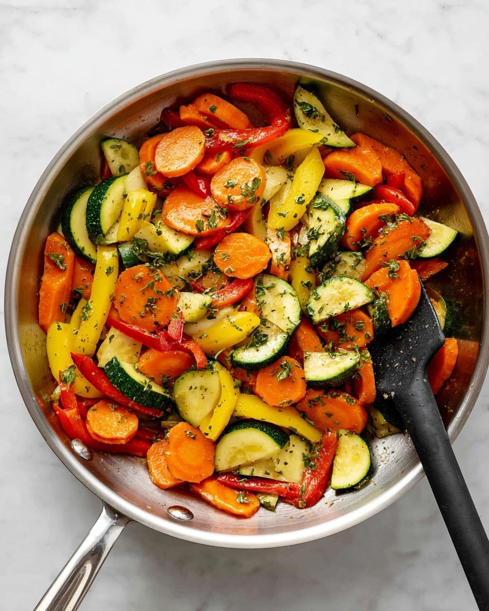 A large silver pan filled with stir-fried sliced vegetables, showing multiple layers of bright orange carrot rounds, green and pale green zucchini half-moons, yellow squash semi-circles, and thin strips of red bell pepper mixed throughout. The vegetables have a slight shine from cooking oil and are sprinkled with chopped green herbs and black pepper. A gray spatula rests on the right side within the pan. The pan is placed on a white marbled textured surface. photo taken with an iphone --ar 4:5 --v 7
