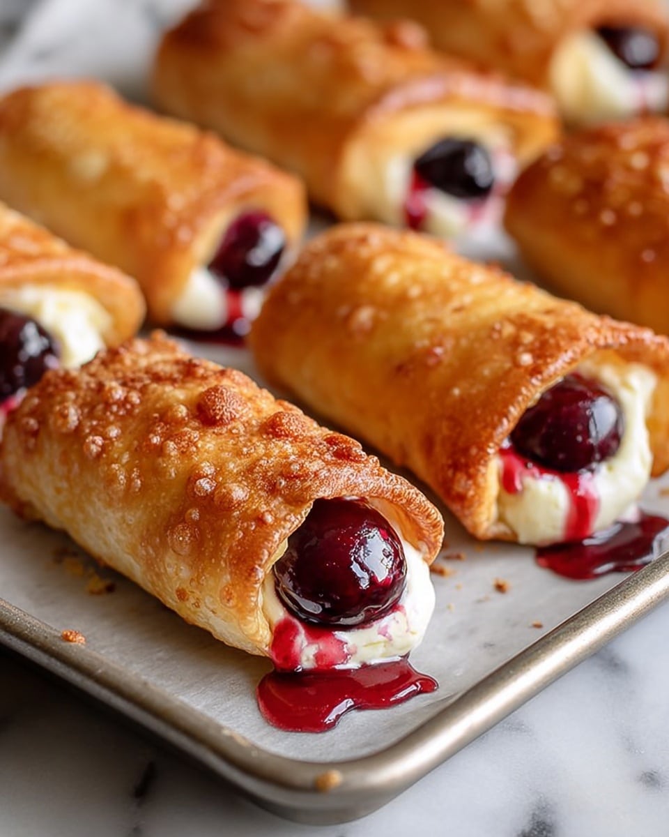 Golden brown crispy tubes with flaky, bubbled texture form the outer layer, filled with a creamy white cheese filling that peeks out from the ends. Each tube is topped with a single dark red cherry, with some cherry syrup dripping onto the white marbled surface beneath the tray. The tubes are arranged close together on a silver baking tray that sits on a white marbled background, showing rich contrast between the warm tones of the fried shells and the cool reds and whites of the filling and cherries. photo taken with an iphone --ar 4:5 --v 7