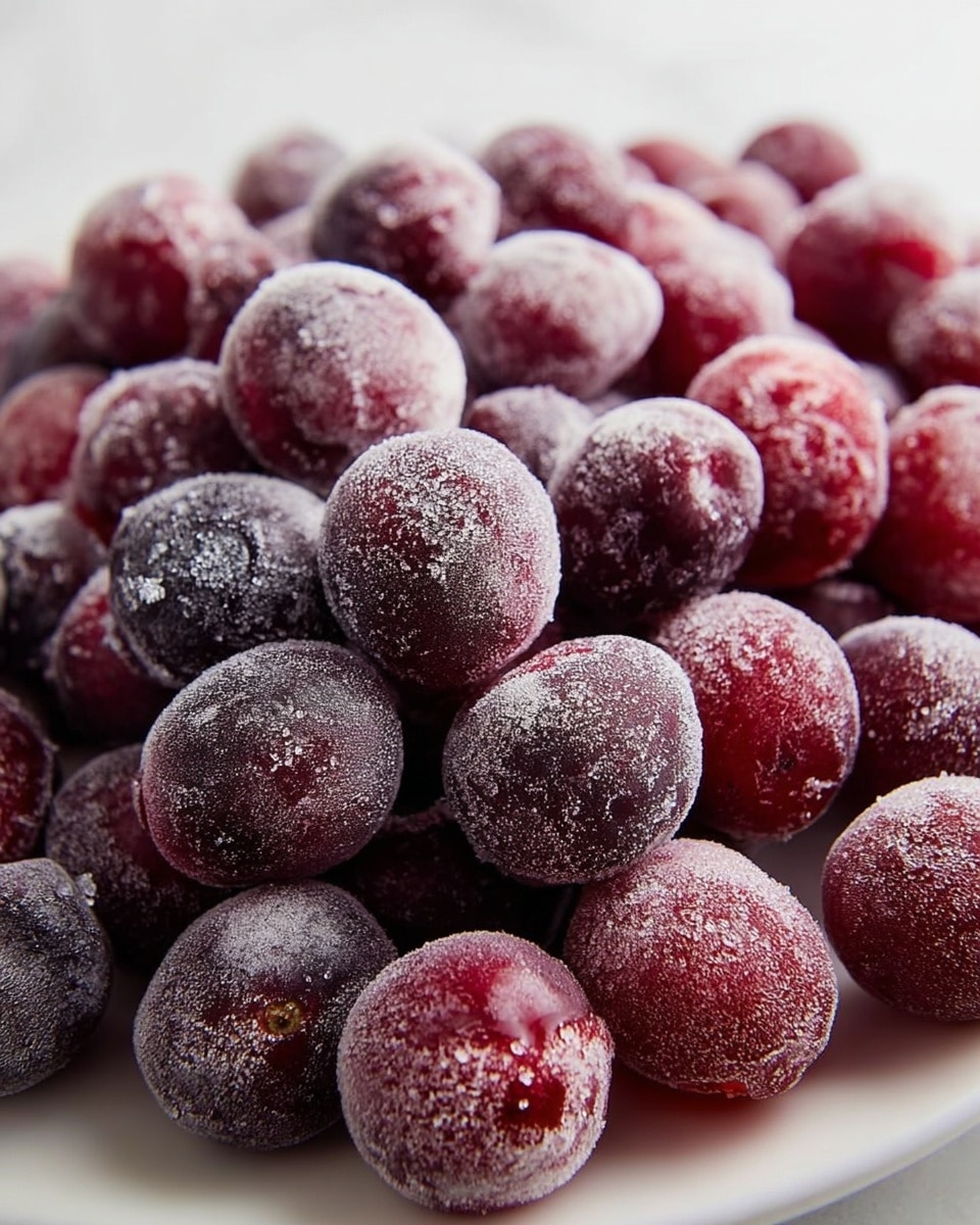 A close-up image of many small frozen cherries piled together on a white plate, each cherry is dark red with a frosty layer of ice crystals giving them a grainy texture, the cherries fill the frame with slight variations in size and shape, sitting on a white marbled surface with soft lighting highlighting the frozen details, photo taken with an iphone --ar 4:5 --v 7