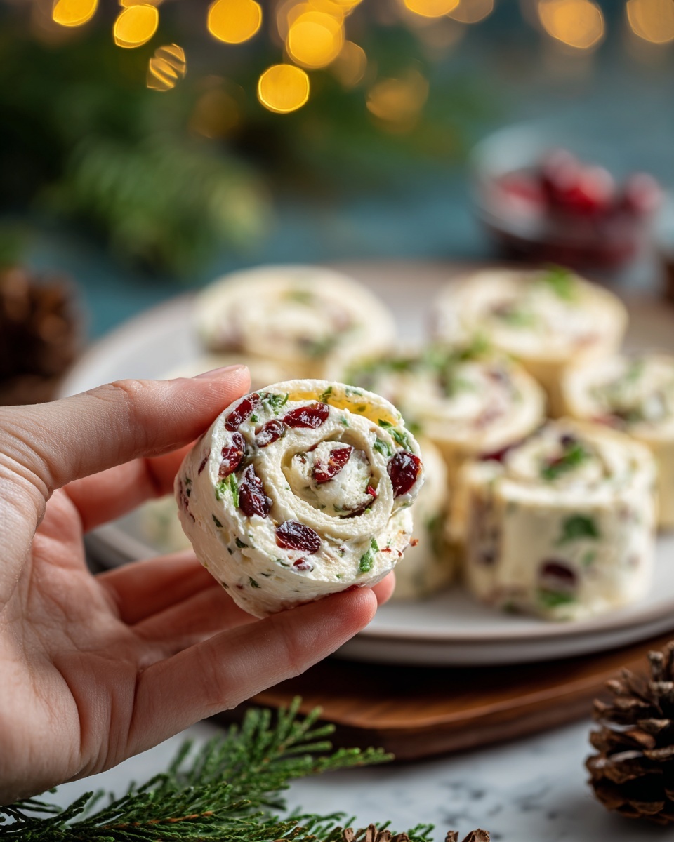 A close-up shows a woman's hand holding a small round roll made of a soft, pale cream layer spread with white cream cheese mixed with small green herb pieces, and dotted with dark red dried cranberries, all rolled tightly creating visible spirals. Behind it, a white plate holds several similar rolls arranged together, slightly blurred. The background has warm, soft yellow bokeh lights and some dark green pine branches on a white marbled surface. A few pine cones are also at the bottom edge of the image. photo taken with an iphone --ar 4:5 --v 7