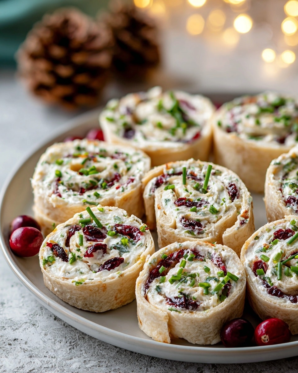 The image shows a white plate with eight rolled pinwheel appetizers arranged on it. Each roll has a light beige outer tortilla layer, a creamy white filling dotted with small, dark red pieces of dried cranberries, and green chives scattered evenly on top and inside the filling. Bright fresh cranberries and green pine sprigs decorate the plate around the rolls. The plate sits on a white marbled surface with soft warm string lights and pine cones in the background adding a cozy feel. photo taken with an iphone --ar 4:5 --v 7