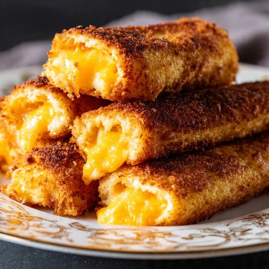 Five rolled grilled cheese sandwiches are arranged closely on a white plate with a gold decorative trim. Each sandwich shows a golden brown, crispy outer layer with slight variations in texture and color from light to dark brown. The ends of the sandwiches are open, revealing melted bright orange cheese oozing inside. The plate sits on a white marbled surface with soft lighting that highlights the crispy texture of the sandwiches. photo taken with an iphone --ar 4:5 --v 7