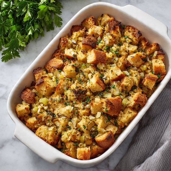 A white rectangular baking dish filled with three layers of golden brown stuffing made of toasted bread cubes, diced celery, and small bits of herbs and onions. The bread cubes are uneven in size and have a crunchy texture with some slightly darker toasted spots. The celery pieces are pale green and mixed evenly throughout. There are small green parsley leaves sprinkled on top. The dish sits on a white marbled surface with a bunch of fresh green herbs blurred in the background. Photo taken with an iphone --ar 4:5 --v 7