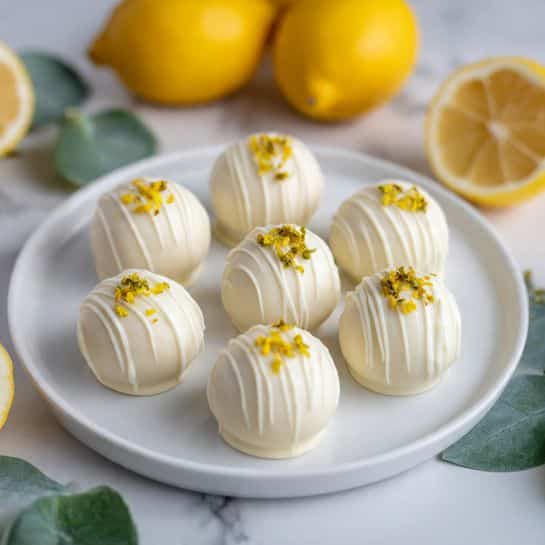 The image shows a white plate with eight round white chocolate truffles arranged neatly in two rows. Each truffle is covered with smooth white chocolate, decorated with fine white chocolate lines running vertically around them. Small bits of yellow and green garnish sit on top of each truffle, adding a touch of color. In the background, there are whole and halved bright yellow lemons, adding contrast to the soft colors of the truffles. The plate is set on a white marbled surface with some green leaves around it. Photo taken with an iphone --ar 4:5 --v 7