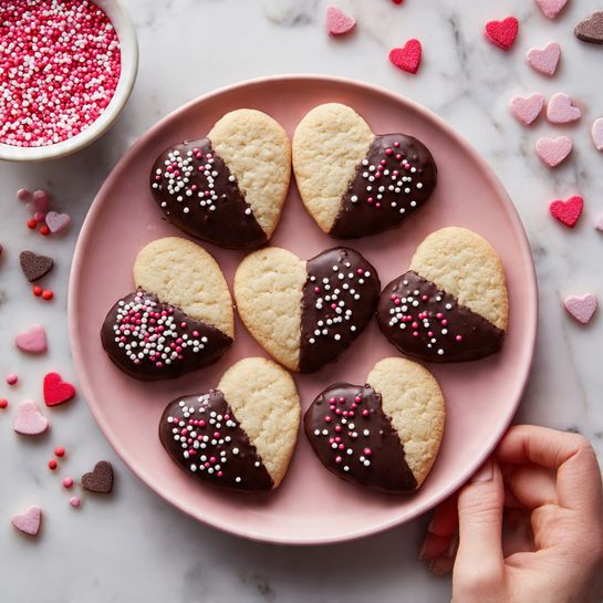 A pink plate holds eight heart-shaped cookies arranged in a circle, each cookie dipped halfway in smooth dark chocolate that covers one side in a rich brown color. The chocolate side is decorated with small round sprinkles in white, light pink, and dark pink, creating a fun and festive look. The other half of each cookie shows a plain light golden brown color with a smooth texture. Around the plate, tiny pink, red, and white heart-shaped sprinkles and small round sprinkles are scattered across a white marbled surface. A white bowl in the corner contains more pink and red heart-shaped sprinkles. Photo taken with an iphone --ar 4:5 --v 7