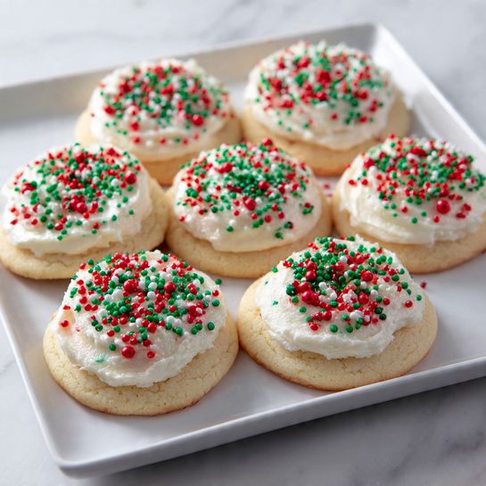 The image shows eleven small round cookies on a white square plate on a white marbled surface. Each cookie has a light golden base with a soft texture. On top of every cookie is a layer of white frosting with a slightly uneven, creamy finish. Colorful sprinkles decorate the frosting in red, green, or a mix of small red and green balls, scattered loosely over each cookie. The cookies are arranged in three rows with some space between them. Photo taken with an iphone --ar 4:5 --v 7