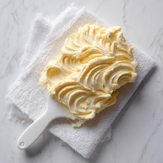 The image shows a large scoop of creamy, pale yellow spread with a soft, fluffy texture resting on a white spatula. The spatula lies on a white textured cloth, which is placed on a smooth white marbled surface. The creamy mass has many swirled peaks and ridges, giving it a light and airy look. Photo taken with an iphone --ar 4:5 --v 7