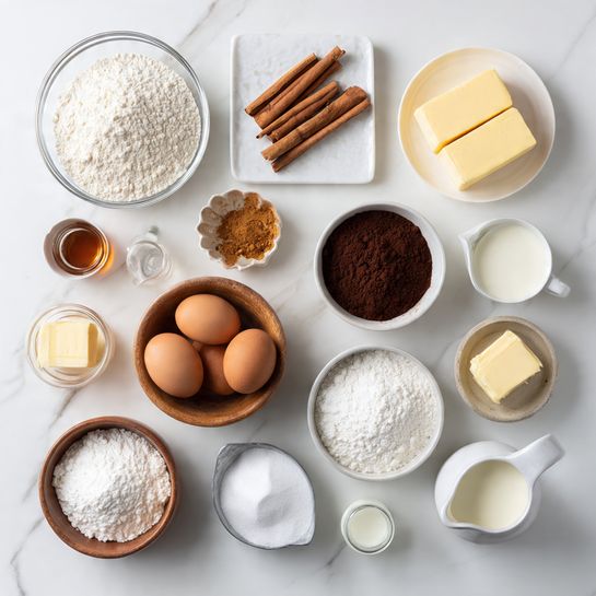 The image shows a top-down view of various baking ingredients arranged neatly on a white marbled surface. There are multiple containers including a clear glass bowl with white flour in the top left, a small white plate with two cinnamon sticks on top of a pile of brown powder nearby, and a white bowl holding two yellow sticks of butter in the top right. Below them, there are three brown eggs in a wooden bowl, a small white bowl filled with dark brown cocoa powder, and another white bowl with white granulated sugar. Scattered around are small glass jars and white pitchers holding liquids like milk and vanilla extract, as well as a small white plate with more butter and a metal tray filled with white powdered sugar. Everything is placed with care and evenly spaced. photo taken with an iphone --ar 4:5 --v 7