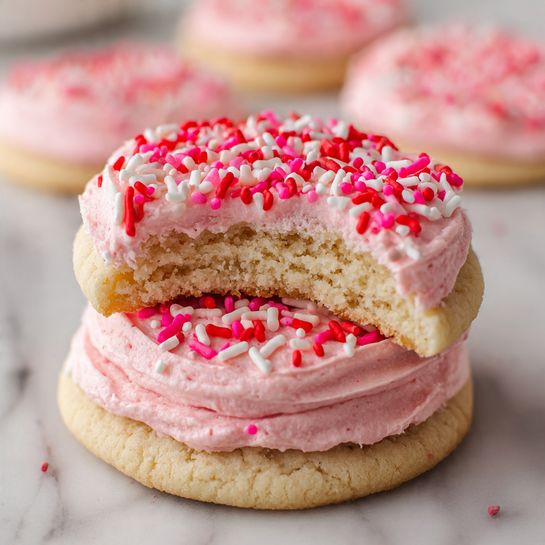 The image shows a close-up of two soft cookies stacked to form a sandwich, each cookie is light beige and slightly crumbly in texture. Between the cookies, there is a thick layer of fluffy pink frosting with smooth, slightly swirled surfaces. The top cookie of the sandwich has the same pink frosting spread on it and is decorated with red, pink, and white sprinkles in various shapes, including small rods and discs. This top cookie has a bite taken out of it, revealing the soft interior of the cookie and the thickness of the frosting inside. In the blurred background, two more cookies with similar pink frosting and colorful sprinkles are visible on a white marbled surface. Photo taken with an iphone --ar 4:5 --v 7