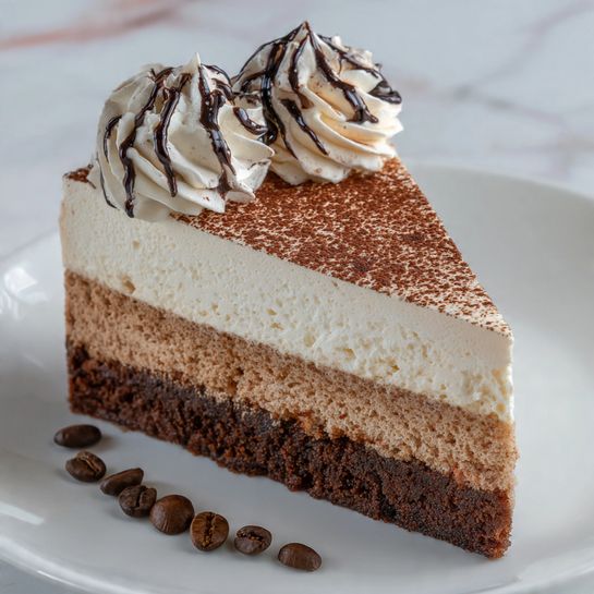 A slice of cake with three distinct layers sits on a white plate with a few coffee beans scattered around. The bottom layer is dark brown with a dense, crumbly texture. Above it is a thin light brown layer, smooth and firm. The top layer is thick, creamy, and pale beige, dusted lightly with cocoa powder. The cake is decorated with two swirls of cream on top, one plain and one covered in chocolate drizzle, both soft and fluffy. The background is a white marbled texture with blurred soft colors, and the photo is taken with an iphone --ar 4:5 --v 7