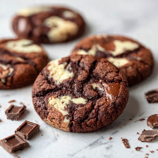 Two round dark brown chocolate cookies with cracked tops lie close together on a white plate. Each cookie has a swirl of creamy white and light brown marbled topping with a slightly uneven texture, showing soft peaks. The edges of the cookies are rough and cracked, and the plate has scattered cocoa powder dust and small salt flakes around them. The background is a white marbled texture. photo taken with an iphone --ar 4:5 --v 7