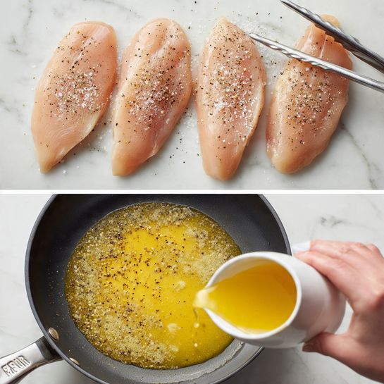 The top part shows four raw chicken fillets arranged side by side on a white marbled surface, each sprinkled with white salt and black pepper, and a woman's hand is holding stainless tongs near the right fillet. The bottom part shows a close-up of a large black frying pan on a white marbled surface, filled partially with melted butter that looks golden and smooth, with a woman's hand pouring more light yellow butter from a small white cup into the pan. Photo taken with an iphone --ar 4:5 --v 7