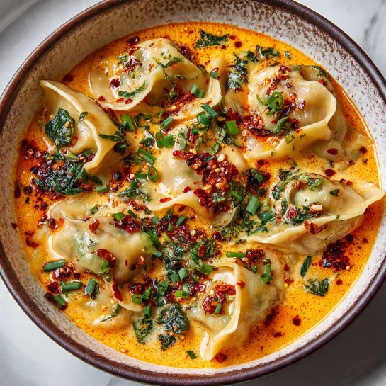 This image shows a close-up of many dumplings in a creamy, orange sauce. The dumplings have soft, light beige dough folded unevenly and filled with small bits of white filling. Dark red chili oil with seeds is spread on top of each dumpling, creating a spicy look. Bright green chopped herbs are scattered over the sauce and dumplings. The sauce is smooth and thick with a shiny surface, tinted orange with some darker red spots. The whole dish looks warm and rich. The surface beneath has a white marbled texture. photo taken with an iphone --ar 4:5 --v 7
