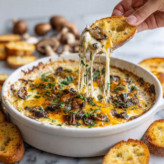 The image shows a white round baking dish filled with a cheesy dip that has several layers. The bottom layer looks creamy and white with small bits of dark mushrooms mixed in. On top of that is a layer of melted cheese that is a mix of orange and white, sprinkled with chopped green herbs. A woman's hand is lifting a portion of the dip with melted cheese stretching from the dish. Around the dish are toasted bread slices with a golden-brown color. The dish sits on a white marbled surface with blurred mushrooms and more bread slices in the background. photo taken with an iphone --ar 4:5 --v 7