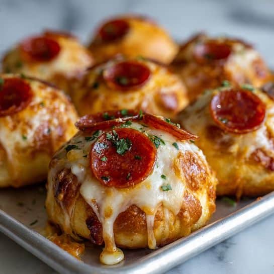 The image shows several small round dough balls, each topped with melted, slightly browned cheese that covers the dough's surface and drapes down the sides in stretchy strands. On top of the cheese are three to four small, circular, dark red pepperoni slices arranged evenly, with a sprinkling of finely chopped herbs scattered over the cheese and pepperoni. The dough balls are placed closely together on a metal tray, all resting on a white marbled surface. The focus is on the front dough ball, showing glossy melted cheese and shiny pepperoni in rich colors. Photo taken with an iphone --ar 4:5 --v 7
