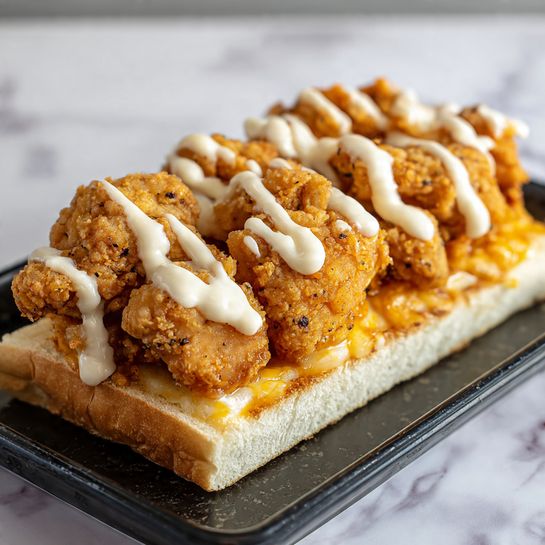 The image shows a sandwich with three main layers. The bottom layer is a white bread split open and placed flat. On top of the bread, there are several pieces of crispy fried chicken coated in bright orange sauce, covering the bread evenly. The chicken pieces have a rough and crunchy texture. Drizzled over the chicken is a creamy white sauce applied in thick, smooth lines. The sandwich is placed on a black tray, and the background has a white marbled texture. Photo taken with an iphone --ar 4:5 --v 7