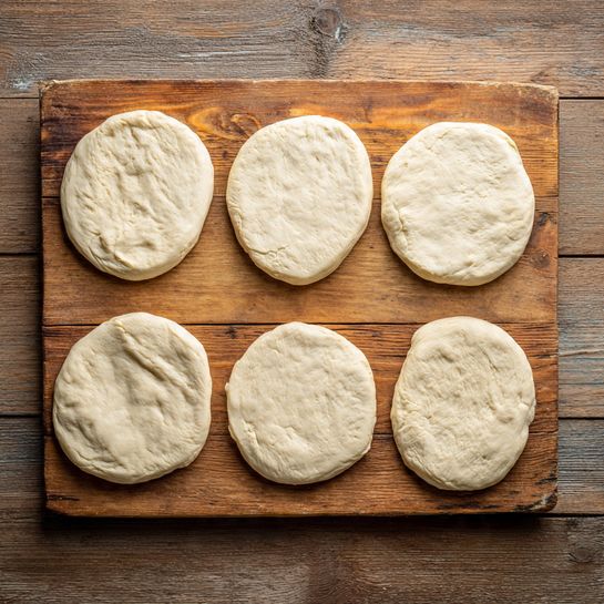 Six flat, round dough pieces are placed in two columns on a wooden board. Each piece is thick and uneven around the edges, with a pale beige color and a slightly rough texture showing small cracks. They look soft and ready to be cooked. The background is a wooden surface. photo taken with an iphone --ar 4:5 --v 7