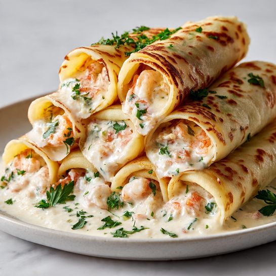 A stack of six light golden crepes is arranged on a white plate, each rolled tightly with visible plump pink shrimp and a creamy white sauce inside. The crepes have light brown spots and a soft texture, with a few fresh green parsley leaves sprinkled on and around them. Some creamy sauce slightly oozes out from the edges of the rolls, sitting on a white marbled surface. The image is a close-up showing the smooth and slightly glossy look of the crepes and filling. photo taken with an iphone --ar 4:5 --v 7