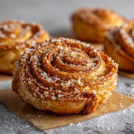 A white plate holds seven golden brown cinnamon rolls arranged closely together, each roll showing many thin, spiraled layers with a slightly crispy texture. The rolls glisten with a fine coating of sugar crystals, adding a sparkling effect that highlights their soft, baked dough. The plate is placed on a white marbled surface, creating a clean and bright background that contrasts with the warm color of the rolls. Photo taken with an iphone --ar 4:5 --v 7