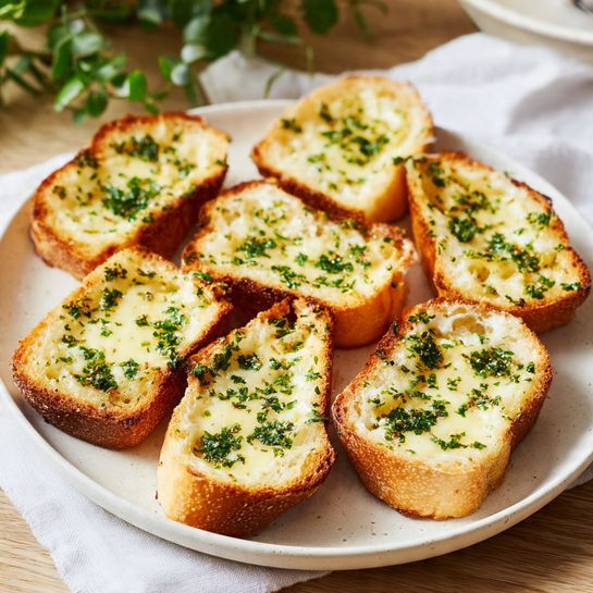 Seven pieces of toasted bread are placed on a round white plate. Each bread slice has one layer of melted pale yellow cheese, slightly browned on top, with small green herb sprinkles scattered over the cheese. The bread edges are golden brown and look crispy. The plate sits on a light wooden surface with a white cloth nearby, and there is a green plant blurred in the background. photo taken with an iphone --ar 4:5 --v 7