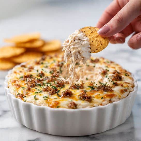 A white fluted dish filled with a creamy layered dip, showing melted golden-brown cheese on top with small browned bits of meat and green herb sprinkles scattered throughout; a woman's hand holds a round, slightly toasted chip dipped into the top layer, lifting some of the cheese and creamy mixture stretching slightly down, all placed on a white marbled surface photo taken with an iphone --ar 4:5 --v 7