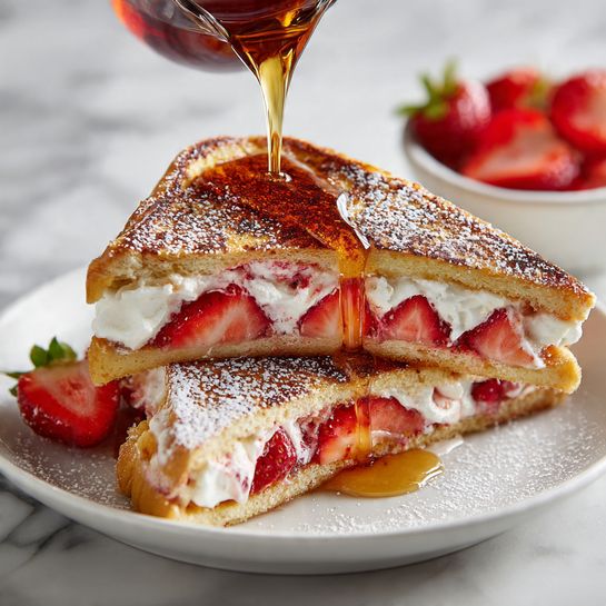 The image shows two triangular pieces of toasted sandwich layered with creamy white filling mixed with small red strawberry pieces inside. The sandwiches have a golden brown toasted crust with a light dusting of powdered sugar on top. Fresh red strawberry slices are placed on top of the sandwiches, with hand pouring amber syrup over them. The sandwiches sit on a white plate that rests on a white marbled surface. In the background, there is a small white bowl with more sliced strawberries. photo taken with an iphone --ar 4:5 --v 7