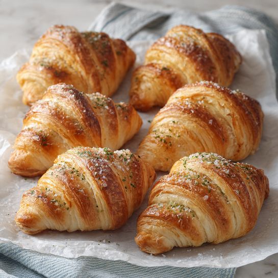 Six golden brown croissants rest closely on a sheet of parchment paper that is on a white marbled surface. Each croissant is lightly sprinkled with small green herb flakes and a dusting of fine white powder that looks like flour or salt. The croissants show layers of flaky dough with a slightly glossy finish, and they vary slightly in size and shape. The background includes a soft textured cloth in muted blue and white stripes, adding a cozy touch to the scene. photo taken with an iphone --ar 4:5 --v 7