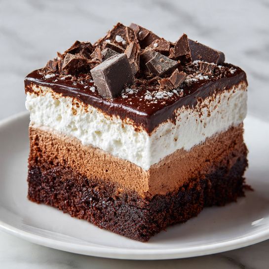 A square slice of layered chocolate dessert sits on a white plate. The bottom layer is dark brown, dense, and crumbly like a brownie. Above it is a smooth, medium brown chocolate mousse layer with a creamy texture. The third layer is thick and white, fluffy like whipped cream. On top is a glossy dark chocolate ganache sprinkled lightly with cocoa powder and decorated with irregular dark chocolate chunks. The whole dessert looks rich and moist against a white marbled surface. photo taken with an iphone --ar 4:5 --v 7