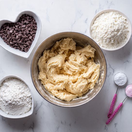 A metal mixing bowl sits on a white marbled surface filled with light tan cookie dough that looks thick and creamy. To the top left of the bowl, there is a white heart-shaped bowl filled with dark brown chocolate chips. On the top right side, a small white bowl contains white flour. Next to the flour bowl, two small spoons with pink and white striped handles hold baking powder and baking soda, both white powders. The scene feels clean and bright, focused on the baking process and ingredients photo taken with an iphone --ar 4:5 --v 7