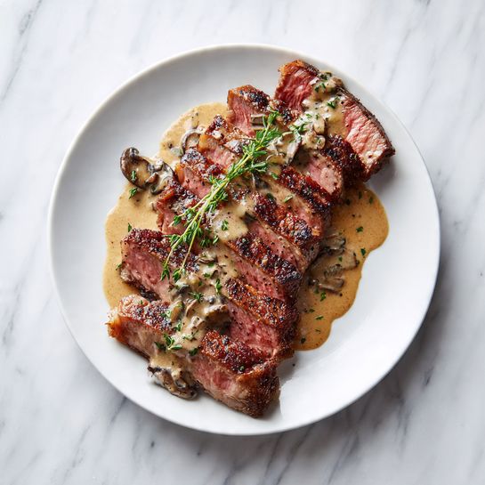The image shows a white plate filled with several thick slices of medium-rare steak, arranged in two rows. Each slice has a charred dark brown outside with a pink and juicy inside, showing visible grill marks. On top of the steak, there is a creamy light brown sauce with small black peppercorns and bits of herbs scattered all over. A sprig of fresh green thyme rests on one of the steak pieces, adding a pop of color. The sauce slightly pools around the bottom of the steak, mixing with the steak juices on the white marbled surface beneath the plate. photo taken with an iphone --ar 4:5 --v 7