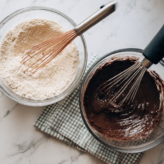The image shows two clear glass mixing bowls on a white marbled surface. The left bowl contains a light beige dry mixture, with a copper-colored whisk resting inside, its wires lightly inserted into the powdery mix. The right bowl holds some of the same light beige powder surrounding a dark chocolate batter that is being mixed by a black electric hand mixer with silver beaters, blending the dark creamy layer with the dry light one. Underneath the bowls, there is a green and white checkered cloth. Photo taken with an iphone --ar 4:5 --v 7