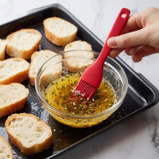 A close-up shows a woman's hand holding a clear glass bowl filled with a yellow liquid mixed with green herbs, with a red silicone brush stirring it. Below the bowl, there is a black baking tray lined with about 12 evenly spaced white bread slices, their crusts light brown. The scene is set on a white marbled surface. The overall image focuses on preparing to brush the herb mixture onto the bread slices. photo taken with an iphone --ar 4:5 --v 7