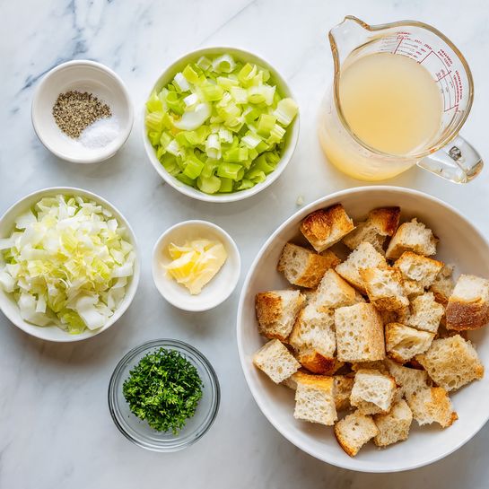 The image shows a top-down view of various ingredients laid out on a white marbled surface. On the right is a large white bowl filled with cubed bread pieces with golden crusts. Above it, there is a glass measuring cup containing a pale yellow liquid. To the left of the measuring cup is a small clear bowl with a mix of white salt and black pepper. Above the bread bowl on the left side are two white bowls, one filled with chopped pale green celery and some lemon zest, and the other with finely chopped white onions. Below them are two small clear bowls, one containing bright green chopped parsley and the other dried green herbs. At the bottom left corner, there is part of a white bowl holding melted butter. The setup is neat and the colors range from soft greens and yellows to light browns, all placed on the smooth white marbled surface. photo taken with an iphone --ar 4:5 --v 7