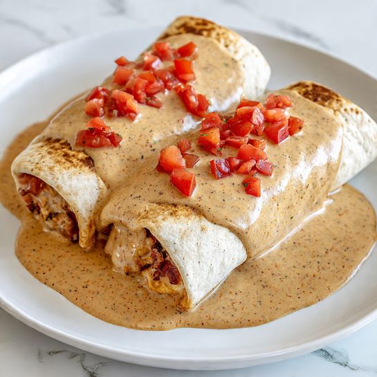 Two folded burritos are placed on a white plate, each covered with a thick, creamy, light brown sauce that has specks of darker seasoning. The burrito wrappers have a golden-brown toasted surface with some darker spots visible underneath the sauce. Both burritos are topped with small piles of diced red tomatoes, adding bright color contrast. The sauce pools around the base of the burritos, creating a smooth, rich-looking texture. The background shows a white marbled surface. photo taken with an iphone --ar 4:5 --v 7