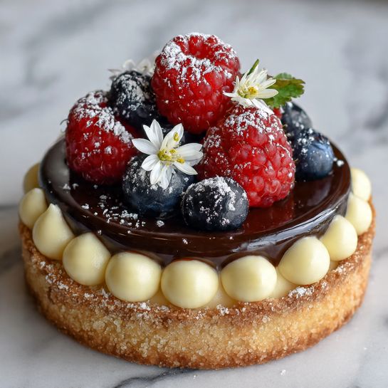 Chocolate Mousse Tartlets with Raspberries, Caramel, and Edible Flowers Recipe