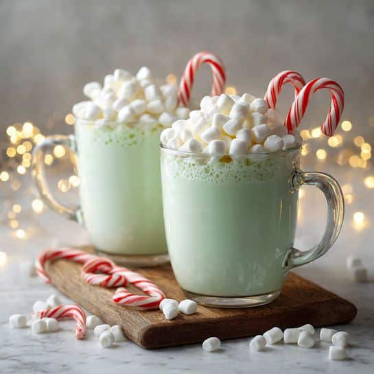 Two clear glass mugs filled with a smooth, light green drink sit on a wooden board over a white marbled surface. Each mug is topped with a thick layer of small white marshmallows, almost overflowing, and a red-and-white striped candy cane rests on the top edge of each mug. More marshmallows and candy canes are scattered around the mugs on the board and surface. Warm, soft yellow fairy lights create a cozy glow in the background, adding a festive feel to the scene. Photo taken with an iphone --ar 4:5 --v 7