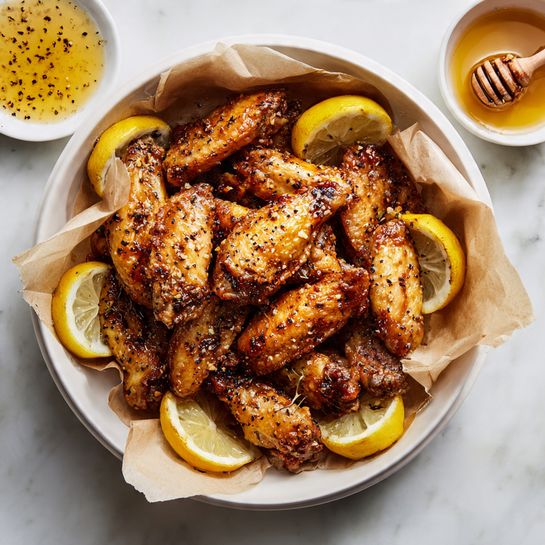 A white round bowl filled with golden brown chicken wings, each wing glistening with a slightly sticky sauce and sprinkled with black pepper. Around the wings are thin lemon slices showing a bright yellow skin and pale inner flesh, placed evenly on the sides. The bowl is lined with crumpled light brown parchment paper. Above the bowl, a small white round bowl holds a golden honey-like sauce with visible black specks, matching the chicken's seasoning. To the upper right, a small white bowl with a wooden honey dipper rests on a white marbled surface. The photo taken with an iphone --ar 4:5 --v 7