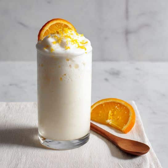 The image shows a tall clear glass filled with a creamy white foam drink. The drink has two layers: the bottom one is smooth and milky white, while the top layer is thick, frothy white foam that overflows slightly above the glass rim. On top of the foam, there is a sprinkle of yellow zest and small dark specks. Two thin slices of orange fruit with visible texture rest on the edge of the glass. Next to the glass on a white cloth lies a simple wooden spoon. The background is a white marbled texture. Photo taken with an iphone --ar 4:5 --v 7