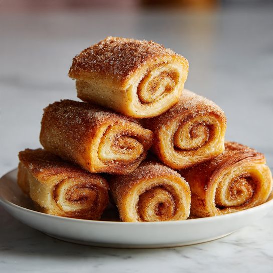 There is a stack of six rolled pastries arranged in a pyramid shape on a white plate. Each pastry is golden brown with a visible spiral pattern showing cinnamon inside. The outside of the rolls is coated with granulated sugar and a sprinkle of cinnamon, giving them a slightly rough and sugary texture. The plate is placed on a white marbled surface, and the background is softly blurred, focusing attention on the warm, sweet rolls. photo taken with an iphone --ar 4:5 --v 7