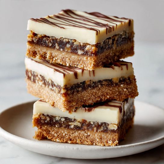 A stack of three square dessert bars sits on a white plate, placed on a white marbled surface. Each bar has three visible layers: the bottom layer is a crumbly beige crust, the middle layer is dark brown with a sticky, nutty texture, and the top layer is a smooth, creamy white icing with drizzled lines running across the top of the uppermost piece. The bars are neatly stacked, showing the different textures and colors clearly. Photo taken with an iphone --ar 4:5 --v 7
