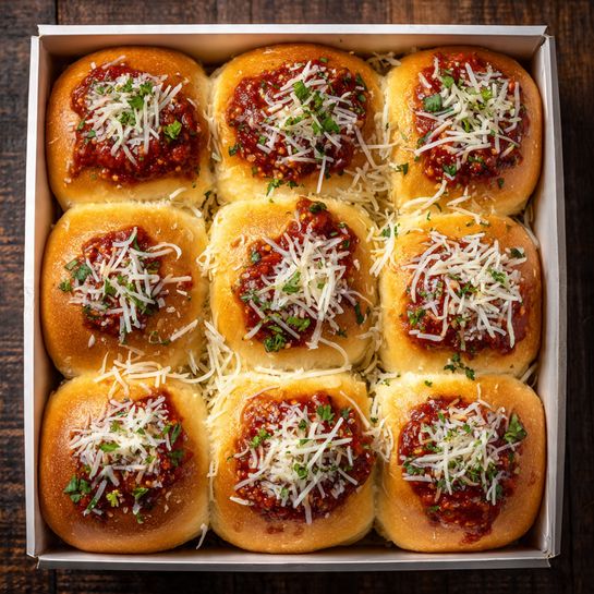 A close-up view of nine golden brown soft dinner rolls arranged tightly in a white rectangular box on a dark textured surface. Each roll has a visible indentation filled with red tomato sauce and topped with a layer of shredded white cheese. There are small green herb bits sprinkled lightly over the rolls and cheese. The rolls have a fluffy texture with slightly browned edges. photo taken with an iphone --ar 4:5 --v 7