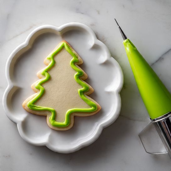 A single Christmas tree-shaped cookie sits flat in the center of a white flower-shaped plate, which is placed on a white marbled surface. The cookie has a light golden-brown color and is outlined with a thin, bright green icing that follows the shape exactly, creating a neat border around the entire cookie. To the right of the plate lies a piping bag filled with the same bright green icing, with its metal tip resting on the surface. The image has soft lighting that highlights the texture of the cookie and the smoothness of the icing, creating a clean and simple festive scene photo taken with an iphone --ar 4:5 --v 7
