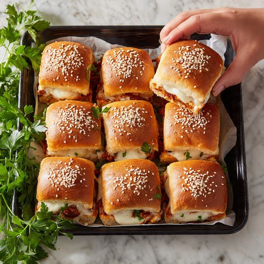 A tray of nine small square sandwiches with golden brown sesame seed buns is shown, arranged closely together in a 3x3 grid. Each sandwich has a soft, fluffy bun top with white sesame seeds scattered over it. Inside, there is a layer of melted white cheese stretching and pulling as a woman's hand lifts one sandwich piece, revealing a glimpse of a reddish filling beneath the cheese. The sandwiches rest on a black baking tray lined with parchment paper, placed on a white marbled surface. Fresh green parsley is arranged partially around the tray, adding contrast to the warm tones of the sandwiches. Photo taken with an iphone --ar 4:5 --v 7