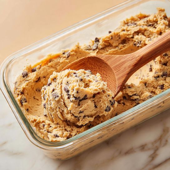 A rectangular clear glass container is filled with thick light brown cookie dough mixed evenly with small dark chocolate chips throughout. A wooden spoon with a smooth, warm-toned grain pattern is partially embedded in the dough near the center, lifting a textured scoop of dough showing its dense and slightly crumbly consistency. The dough clings to the sides of the container, and the scene is set on a white marbled surface, with a soft, peach-colored background. photo taken with an iphone --ar 4:5 --v 7