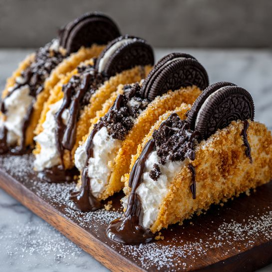 Three crispy golden-brown shell-shaped tacos sit on a dark wooden board with powdered sugar sprinkled around. Each taco has a creamy white whipped layer inside, topped with crumbled black chocolate cookie pieces. On top of the whipped cream in each taco, there is a swirl of more whipped cream, drizzled with dark chocolate sauce. One large whole black chocolate cookie stands vertically at the back of each taco. More cookie crumbs and two whole cookies lie around the board. The texture contrast between the crunchy shells, smooth cream, and crumbly cookies is clear. photo taken with an iphone --ar 4:5 --v 7