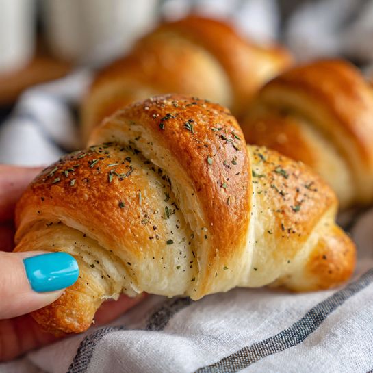 The image shows a close-up of golden brown rolls with a slightly crispy and flaky texture. Each roll is sprinkled on top with fresh green herbs and black pepper flakes, adding color and detail. The rolls have an inviting, warm glow with a shiny surface that suggests a light brushing of butter or oil. They are grouped close together on a white marbled surface, highlighting their warm tones. The background is softly blurred, focusing attention on the rolls' textured tops. Photo taken with an iphone --ar 4:5 --v 7