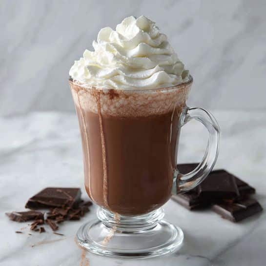A clear glass cup filled with smooth, rich brown hot chocolate that slightly drips down the side, topped with a swirl of fluffy white whipped cream on top. The cup has a thick clear handle and sits on a round clear glass base. The background features a white marbled surface with some pieces of dark chocolate scattered around. Photo taken with an iphone --ar 4:5 --v 7