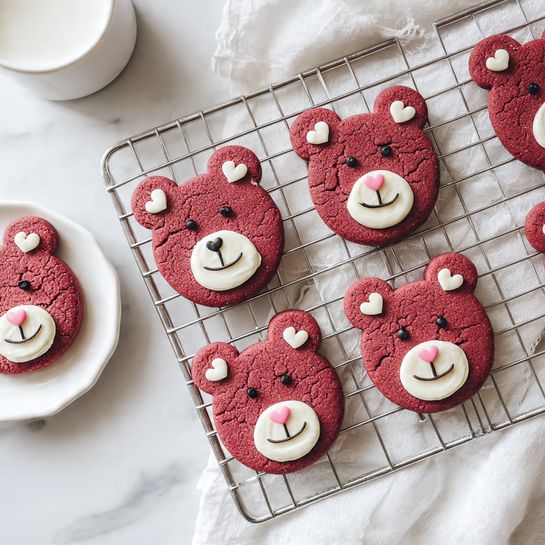 Bear Cookies Recipe 5 The image shows several red cookies shaped like bear faces on a silver cooling rack. Each cookie has two round ears and a round face with a cracked texture. The bear faces are decorated with white cream for the nose and ear tips, small dark dots for the eyes and nose, and tiny pink heart shapes for cheeks. The rack is on a white marbled surface with a white cloth around it. Some cookies are partially on a white plate lined with white paper, and the overall scene has a soft, bright look. Photo taken with an iphone --ar 4:5 --v 7